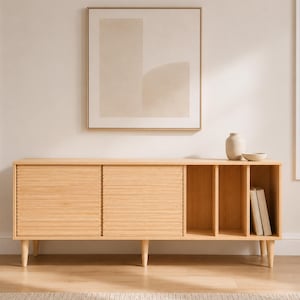May include: A light wood sideboard featuring two sliding tambour doors with horizontal slats and three open vertical storage compartments on the right side. A beige ceramic vase and a small bowl sit on top, with a framed abstract art piece above.