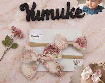 Baby Girl Floral Bow Headband, Flower Print Ribbon Hair Band, Handmade Newborn Headband, Soft Baby Hair Accessory, Baby Shower Gift