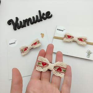 Lace Baby Hair Bow: Red Heart Trim, Newborn Clip or Headband
