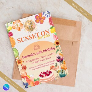 Könnte beinhalten: Eine Geburtstagseinladungskarte mit Aquarellillustrationen einer Discokugel, tropischen Früchten, Blumen und einem Kuchen. Der Text lautet SUNSET ON MY 20S, Hannah's 30th Birthday, 19 September, From 2:00 PM, 123 Road Name, Town, und join me.