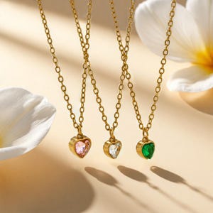 Dainty Crystal Heart Necklace: 18k Gold Plated Stainless Steel, Minimalist Pendant