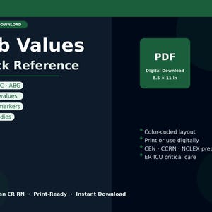 May include: A digital download titled "Lab Values Quick Reference" in a PDF format. The dark blue background features white text and green accents. Includes information on CMP, CBC, ABG, critical values, cardiac markers, and coag studies. The document is 8.5 x 11 inches.