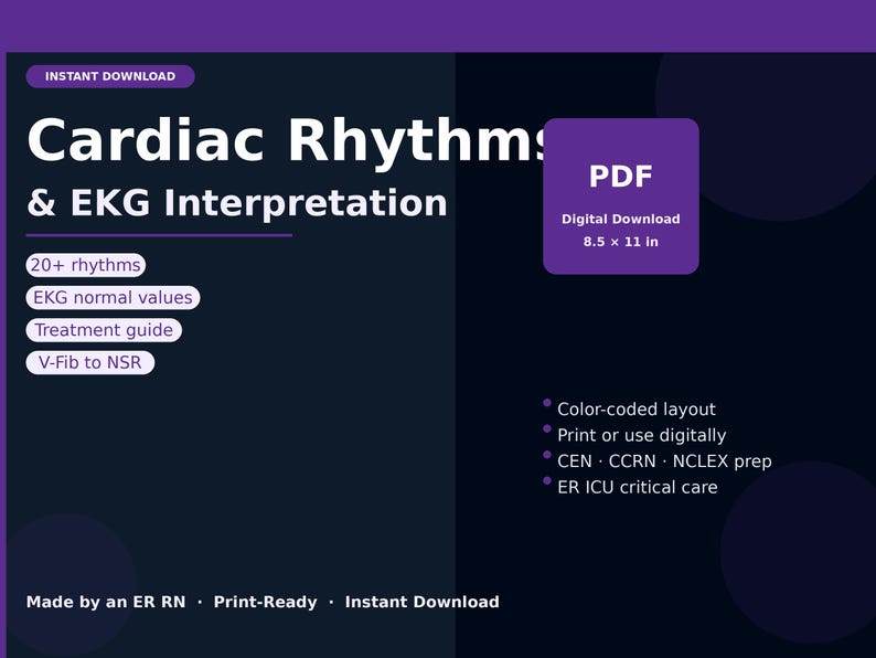 Cardiac Rhythms EKG Cheat Sheet | ER Nurse Quick Reference | Arrhythmia ...