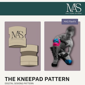 Könnte beinhalten: Digitales Schnittmuster für Knieschützer. Das Bild zeigt eine Grafik einer Person, die Knieschützer trägt, und ein 3D-Rendering des Musters. Der Text lautet "THE KNEEPAD PATTERN" und "MAS FlexFit". Das Muster ist für Fortgeschrittene und in Einheitsgröße erhältlich.