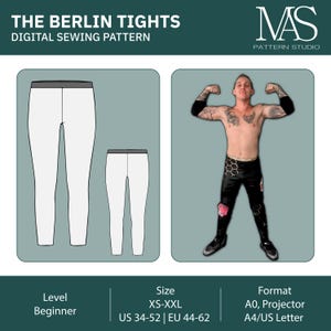 Könnte beinhalten: Digitales Schnittmuster für die Berlin Tights. Das Bild zeigt eine weiße Strumpfhose mit grauem Bund und eine Person, die eine schwarze Strumpfhose mit rosa Akzenten trägt. Das Muster ist für Anfänger geeignet und in den Größen XS-XXL, US 34-52 und EU 44-62 erhältlich.