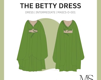 May include: A digital sewing pattern for The Betty Dress, featuring a green dress with leaf-like trim. The text reads: DIGITAL SEWING PATTERN, THE BETTY DRESS, DRESS | INTERMEDIATE | MASCS-D-001, SIZE EU 32-60 | US 0-28, and MAS PATTERN STUDIO.