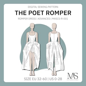 May include: Digital sewing pattern for The Poet Romper, a romper dress with advanced construction. The graphic shows front and back views of the garment on a mannequin, with text including size range EU 32-60 and US 0-28, plus MAS Pattern Studio logo.