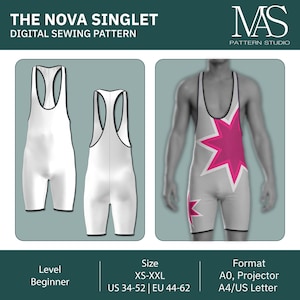 May include: Digital sewing pattern for "The Nova Singlet." The image shows a white singlet design with black trim, and a gray singlet with a pink starburst design. The pattern is beginner level and available in sizes XS-XXL, US 34-52, and EU 44-62.