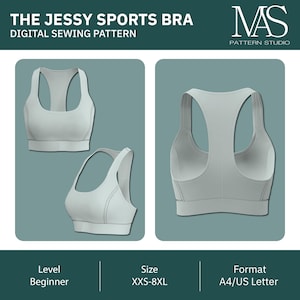 May include: Digital sewing pattern for "The Jessy Sports Bra." The image shows three views of a light grey sports bra. The pattern is for beginners and comes in sizes XXS-8XL. The format is A4/US Letter. The MAS Pattern Studio logo is in the upper right corner.