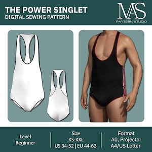 May include: Digital sewing pattern for "The Power Singlet." The image shows a white and a black singlet, and a person wearing a black singlet with red trim. The text includes "Level Beginner," "Size XS-XXL," and "Format A0, Projector, A4/US Letter."