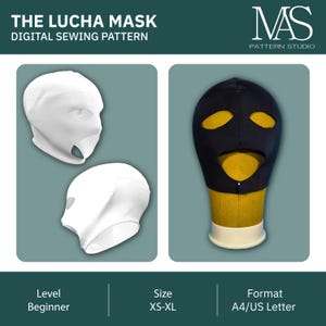 Könnte beinhalten: Digitales Schnittmuster für "The Lucha Mask". Das Bild zeigt eine schwarz-weiße Maske und eine schwarze Maske auf einem gelben Schaufensterkopf. Der Text weist darauf hin, dass das Muster für Anfänger geeignet ist und in den Größen XS-XL erhältlich ist. Das Format ist A4/US Letter.