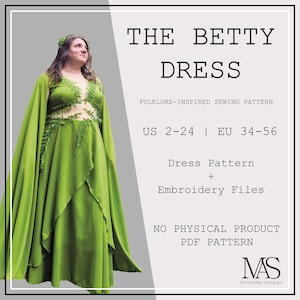 May include: A woman in a vibrant lime green dress with a cape, adorned with leaf embroidery. The image displays the text "THE BETTY DRESS" and "FOLKLORE-INSPIRED SEWING PATTERN". The dress pattern is available in UK sizes 2-24 (EU 34-56).