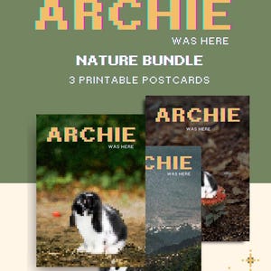 Archie estuvo aquí - Naturaleza - Juego de postales de conejo Holland Lop estilo pixel - Viaja con conejo - Postales imprimibles A6