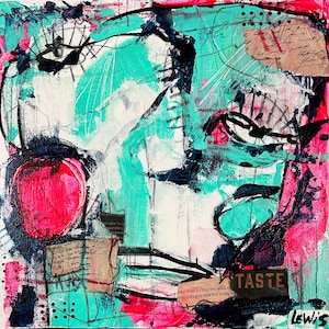 Oryginalny abstrakcyjny kolaż w technice mieszanej: Magenta i niebieski kwadratowy rysunek twarzy na płótnie