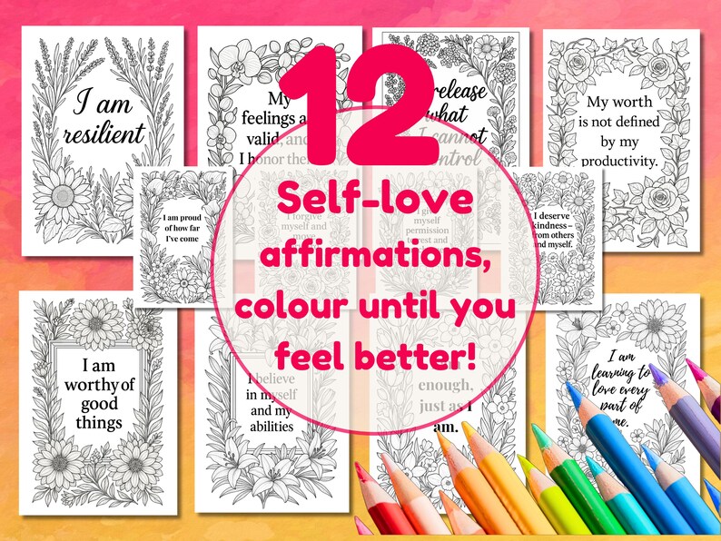 12 Self-love Affirmation Colouring Pages | Easy Coloring for Mental ...