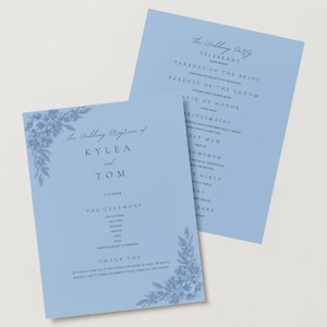 Blue Floral Wedding Program and Bridal Party