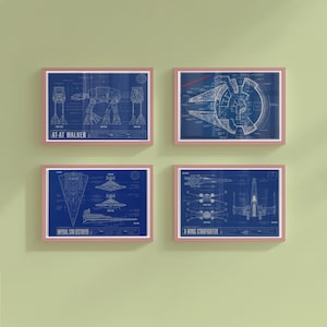 May include: Four framed Star Wars blueprints. The prints feature the AT-AT Walker, Millennium Falcon, Imperial Star Destroyer, and X-Wing Starfighter. Each blueprint is in white on a blue background, framed in a pinkish-brown frame.