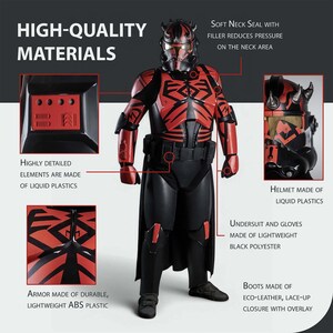 May include: A black and red costume with a helmet, armor, and boots. The armor is made of durable, lightweight ABS plastic. The helmet is made of liquid plastics. The undersuit and gloves are made of lightweight black polyester.
