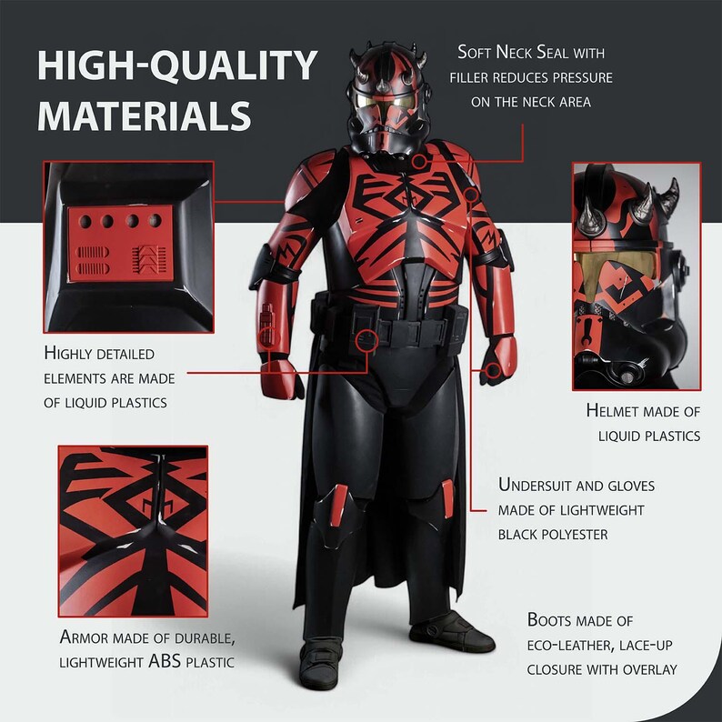 May include: A black and red costume with a helmet, armor, and boots. The armor is made of durable, lightweight ABS plastic. The helmet is made of liquid plastics. The undersuit and gloves are made of lightweight black polyester.