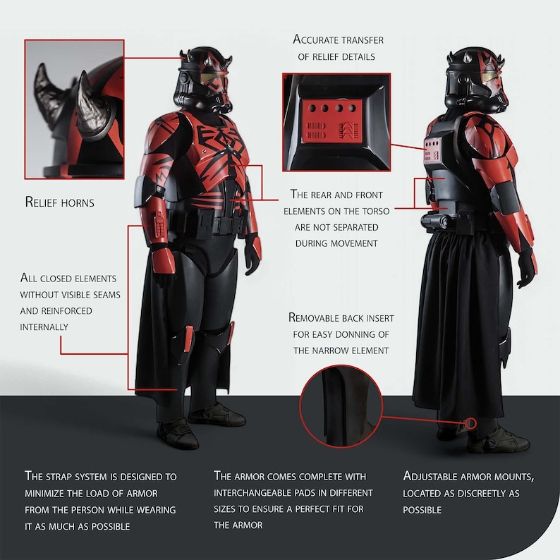 May include: Black and red armour suit with a helmet, cape, and belt. The armour has relief horns and is reinforced internally. The strap system minimises the load. The armour includes interchangeable pads for a perfect fit.