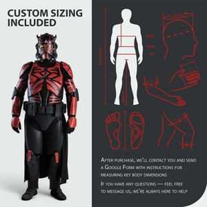 May include: A black and red costume with a helmet and armor. The image includes a diagram with body measurement points and the text "CUSTOM SIZING INCLUDED".
