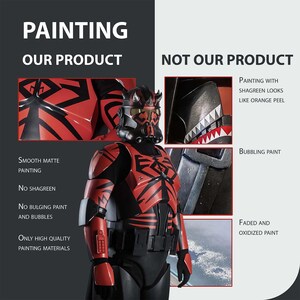May include: Image of a red and black painted costume, with the text "PAINTING OUR PRODUCT". The costume has smooth matte paint, no shagreen, and high-quality materials. The right side shows examples of poor paint quality, with text "NOT OUR PRODUCT".