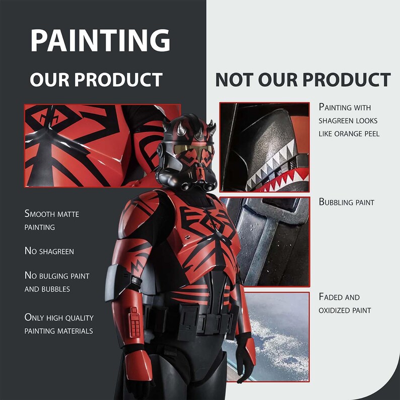 May include: Image of a red and black painted costume, with the text "PAINTING OUR PRODUCT". The costume has smooth matte paint, no shagreen, and high-quality materials. The right side shows examples of poor paint quality, with text "NOT OUR PRODUCT".