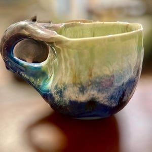 Handmade Ceramic Mug with Mermaid Tail Handle, Cobalt Blue to Lime Green Glaze