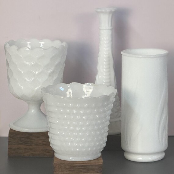 Vintage Milk Glass Decor Set – Vases & Textured Planter (4 Pieces)