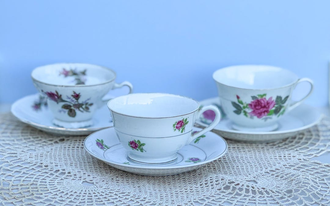 Set of 3 Vintage Rose Teacups With Saucers | Mismatched Pink Floral ...