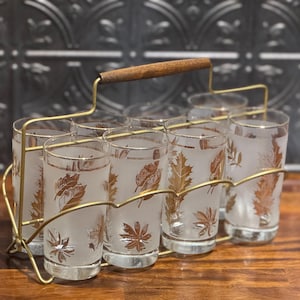 Libbey Frosted Leaf Glass Set with Caddy | Mid-Century Gold & Copper Leaf Tumblers