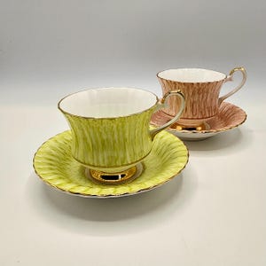 Set of 2 Jackson Gosling Grovesnor Bone China Vintage Yellow Peach Ribbed Teacup & Saucer Set Pedestal Footed, Gold Trimmed Made in England