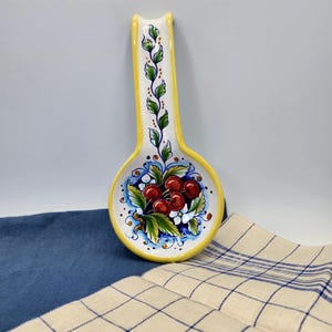 Hand-Painted Italian Ceramic Spoon Rest - Deruta Style Cherries & Berries Design - Kitchen Decor Gift - Country, Cottagecore Made in Italy