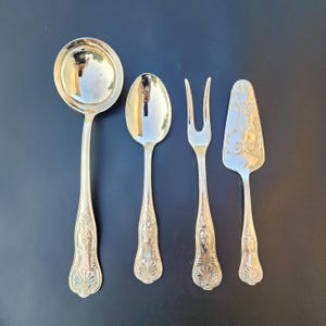 Vintage Silver Plated Flatware Serving Set - Ornate Floral Design - Ladle, Spoon, Fork, Cake Serve KINGS Buffet housewarming gift Italy 1931