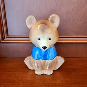 Vintage 1980s Handmade Ceramic Teddy Bear Figurine - Blue Sweater Collectible Decor Marked
