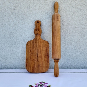 Vintage Wooden Rolling Pin or Rustic Wood Cutting Board Small 16&quot; Dough Roller 11.5&quot; Board Primitive Farmhouse Kitchen Decor Made in Italy