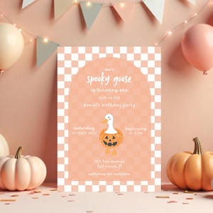 Our Spooky Goose Birthday Invitation, Editable Orange Checkered Silly Goose Pumpkin Halloween First 1st Birthday Party Invitation Template