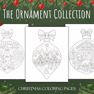Könnte beinhalten: Drei schwarz-weiße Weihnachtsmalvorlagen in Form von Christbaumkugeln. Die Seiten zeigen festliche Szenen: eine Küche mit Backutensilien, eine Dorflandschaft und Elfen im Nordpol-Postamt. Der Text lautet "The Ornament Collection" und "Christmas Coloring Pages".