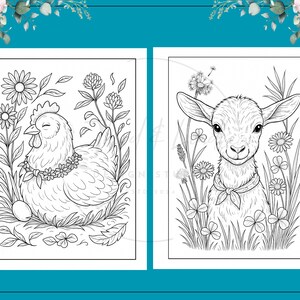 Puede incluir: Dos p&aacute;ginas para colorear en blanco y negro con animales de granja. Una muestra una gallina con una guirnalda de flores y un huevo, rodeada de flores. La otra representa un cabrito con una bufanda, rodeado de flores.