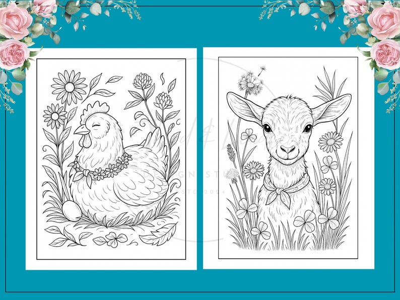 Puede incluir: Dos p&aacute;ginas para colorear en blanco y negro con animales de granja. Una muestra una gallina con una guirnalda de flores y un huevo, rodeada de flores. La otra representa un cabrito con una bufanda, rodeado de flores.