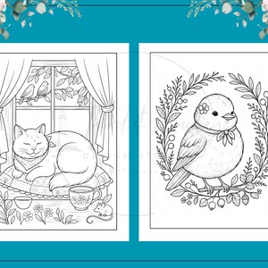 Puede incluir: Dos p&aacute;ginas de libro para colorear en blanco y negro. Una presenta un gato descansando junto a una ventana, con p&aacute;jaros afuera. La otra muestra un p&aacute;jaro rodeado por una corona de hojas y bayas. Ilustraciones detalladas.