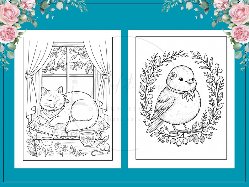 Puede incluir: Dos p&aacute;ginas de libro para colorear en blanco y negro. Una presenta un gato descansando junto a una ventana, con p&aacute;jaros afuera. La otra muestra un p&aacute;jaro rodeado por una corona de hojas y bayas. Ilustraciones detalladas.