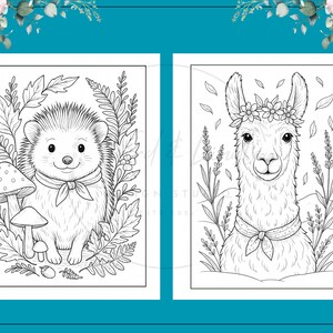 Puede incluir: Dos p&aacute;ginas para colorear en blanco y negro con adorables animales. Una muestra un erizo con una seta, la otra una llama con una corona de flores. Ambas est&aacute;n rodeadas de follaje.