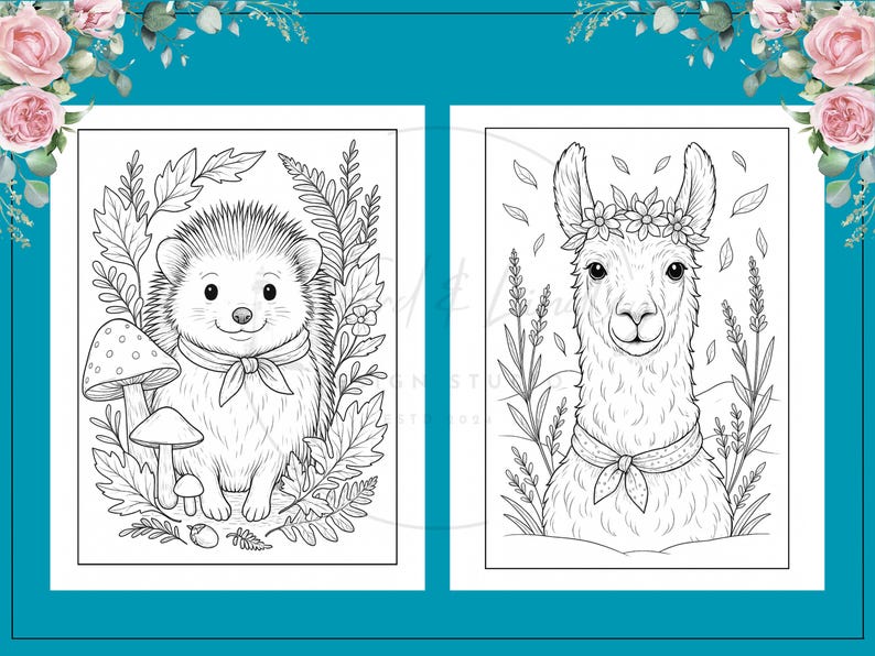 Puede incluir: Dos p&aacute;ginas para colorear en blanco y negro con adorables animales. Una muestra un erizo con una seta, la otra una llama con una corona de flores. Ambas est&aacute;n rodeadas de follaje.