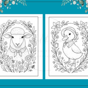 Puede incluir: Dos ilustraciones en blanco y negro de animales de granja. Una muestra una oveja con un lazo, rodeada de flores y abejas. La otra representa un pato con un gorro, enmarcado por flores. Ambas son para colorear.