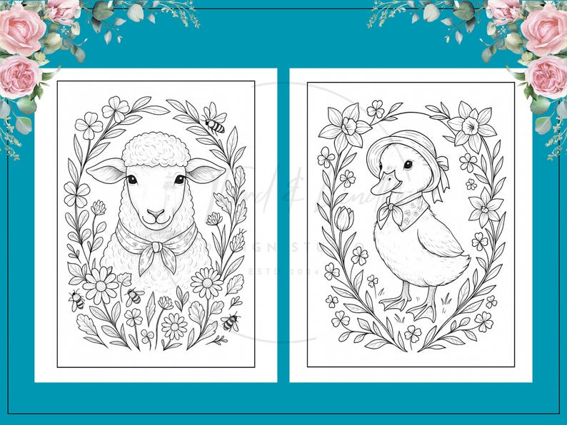 Puede incluir: Dos ilustraciones en blanco y negro de animales de granja. Una muestra una oveja con un lazo, rodeada de flores y abejas. La otra representa un pato con un gorro, enmarcado por flores. Ambas son para colorear.