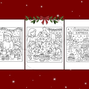 Puede incluir: Ilustraciones en blanco y negro que representan escenas navide&ntilde;as. Una muestra a una familia preparando chocolate caliente, otra decorando un &aacute;rbol y la &uacute;ltima a ni&ntilde;os esperando el tren. Festivo y de temporada.