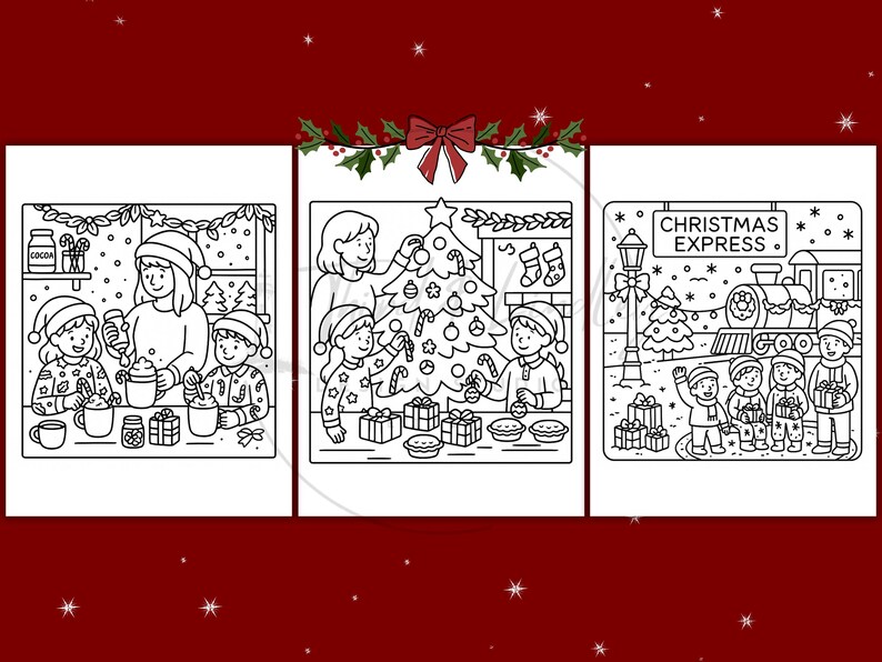 Puede incluir: Ilustraciones en blanco y negro que representan escenas navide&ntilde;as. Una muestra a una familia preparando chocolate caliente, otra decorando un &aacute;rbol y la &uacute;ltima a ni&ntilde;os esperando el tren. Festivo y de temporada.
