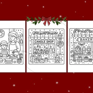 Puede incluir: Ilustraciones en blanco y negro de escenas navide&ntilde;as. Una muestra a una familia horneando, otra una tienda de velas y la &uacute;ltima una panader&iacute;a. Cada escena est&aacute; decorada con elementos festivos como coronas, regalos y nieve.