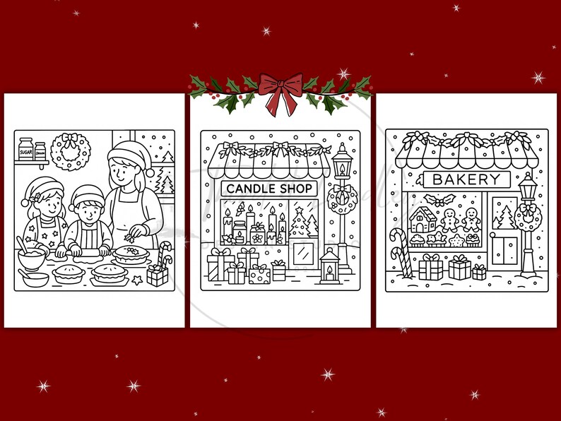 Puede incluir: Ilustraciones en blanco y negro de escenas navide&ntilde;as. Una muestra a una familia horneando, otra una tienda de velas y la &uacute;ltima una panader&iacute;a. Cada escena est&aacute; decorada con elementos festivos como coronas, regalos y nieve.